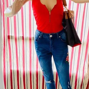 Halter top red with size 5 jeans